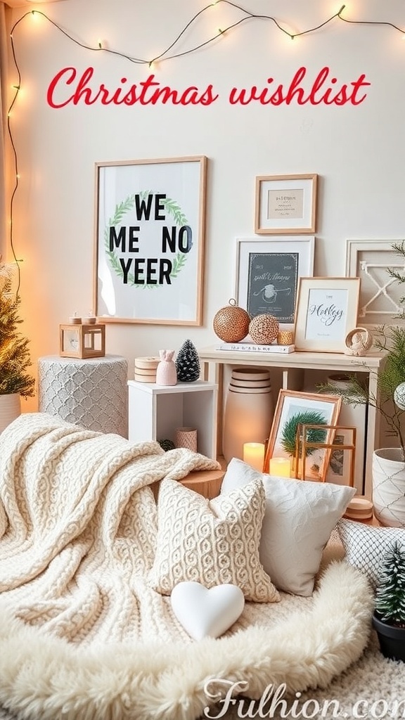 Aesthetic Christmas wishlist display with cozy blanket, wall art, and decorative items in a warmly lit room.